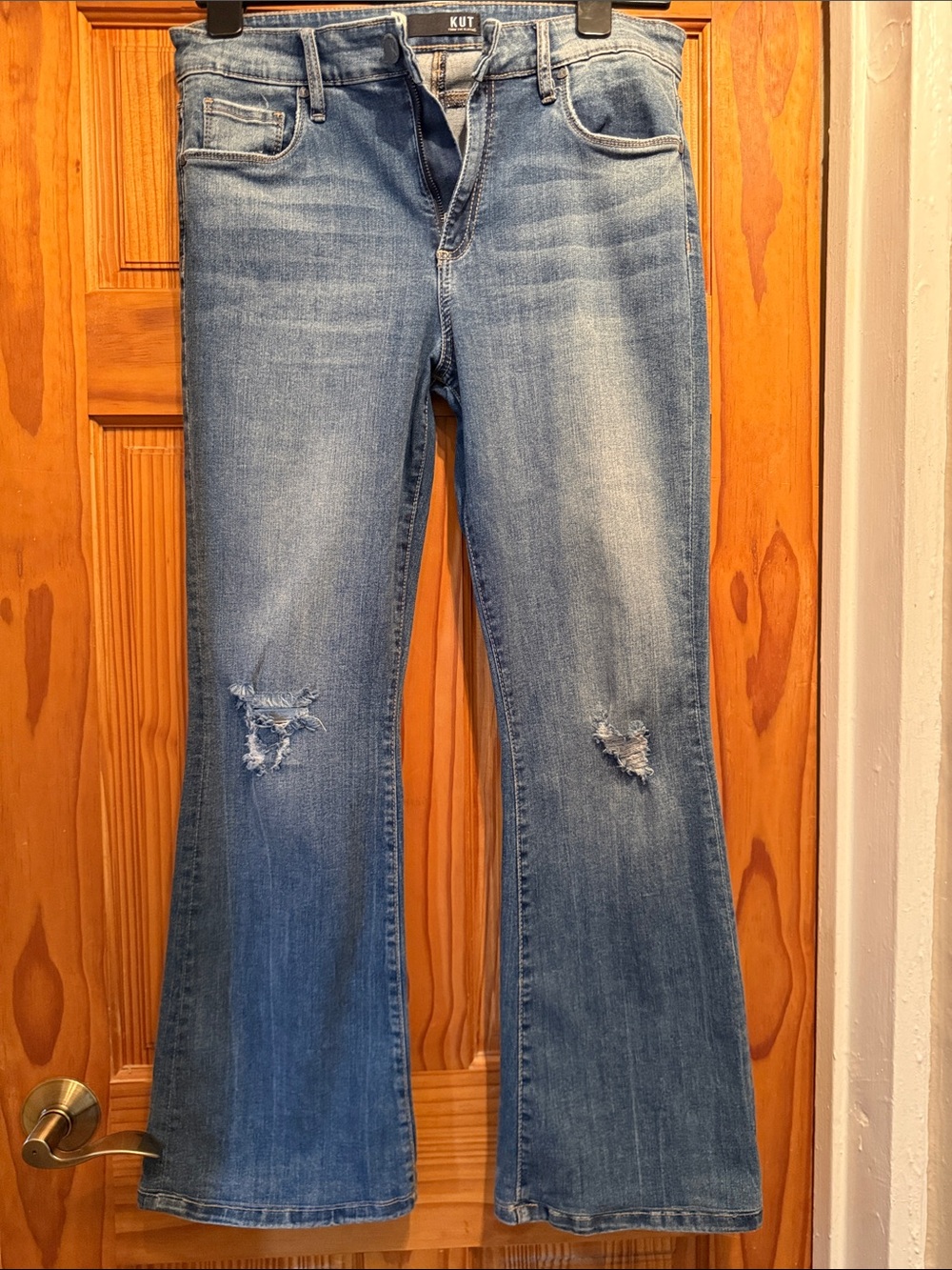 Kut from the Kloth Light Wash Flare Jeans with Knee Distress